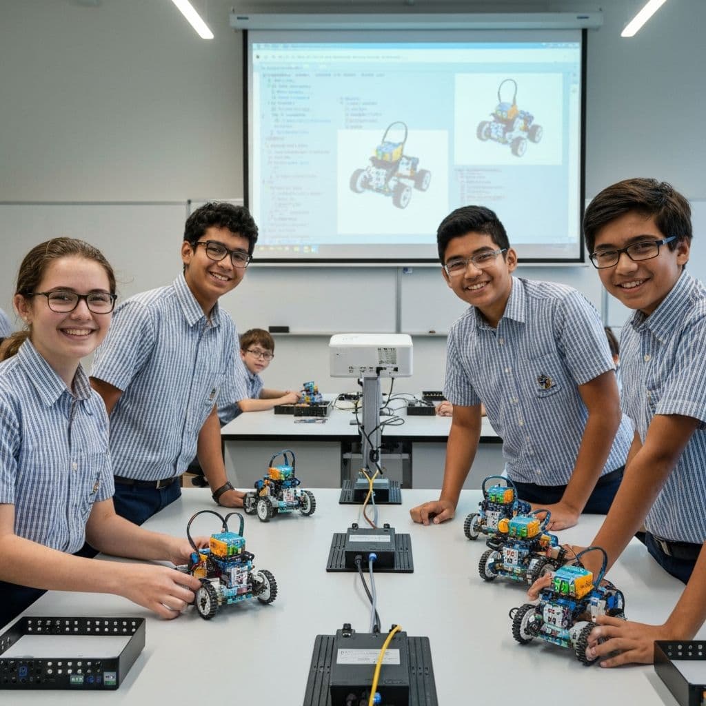 Students building robots
